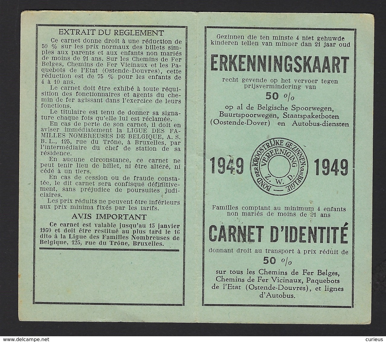 ERKENNINGSKAART * PRIJSVERMINDERING 50 % * 1949 * BELGISCHE SPOORWEGEN * ZULTE * V D CASTEELE LUCINA - Europa