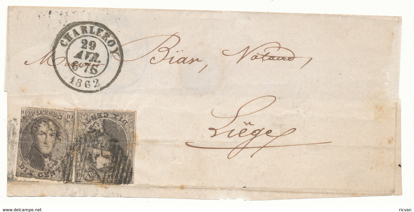 1862 BRIEFDEEL Met COB 10(*2) Van CHARLEROY Naar LIEGE, Zie Scan(s) - 1858-1862 Medallions (9/12)