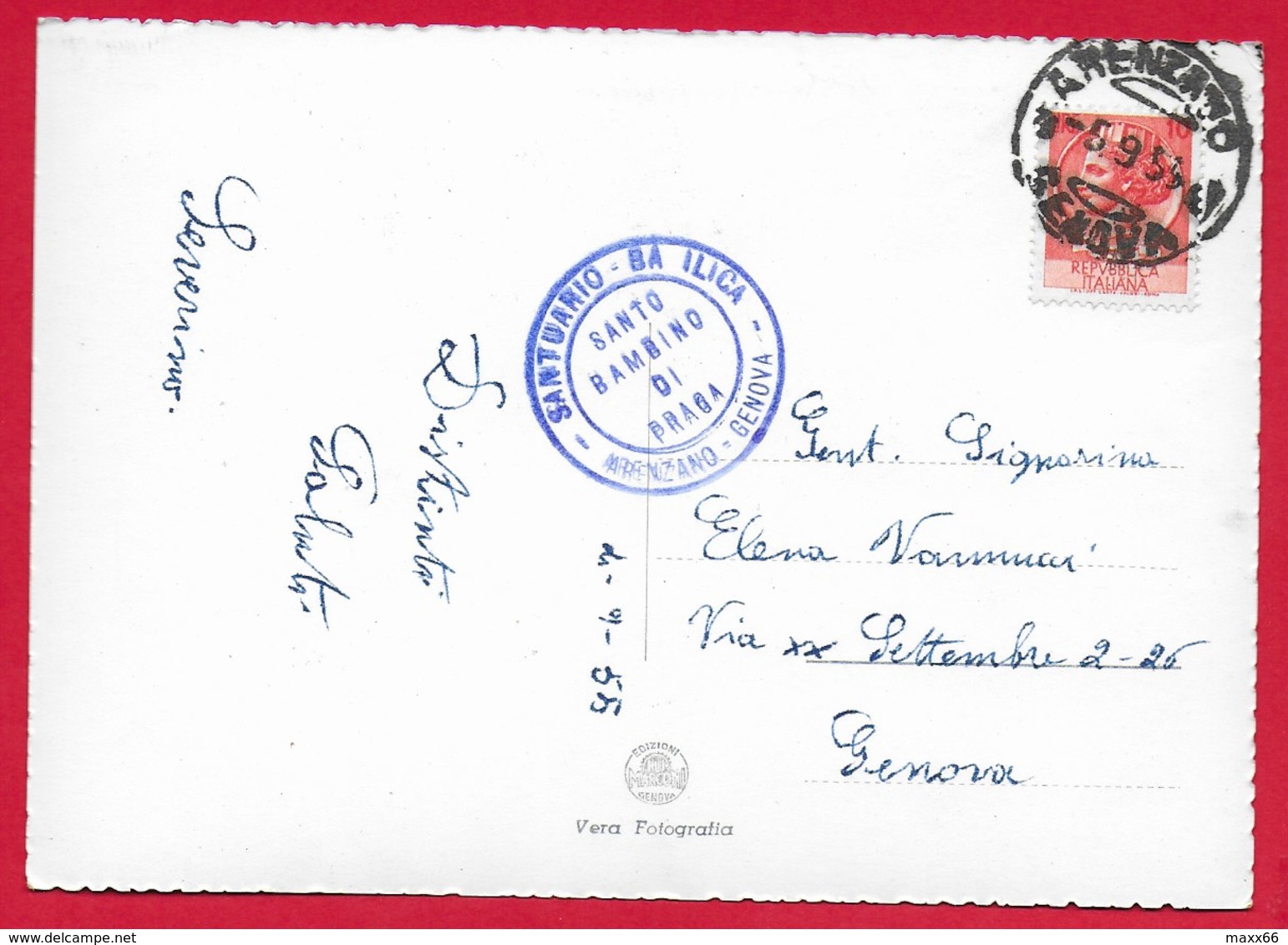 CARTOLINA VG ITALIA - Santuario Basilica Del S. Bambino Di Praga - Arenzano (GE) - 10 X 15 - ANN. 1955 - Genova