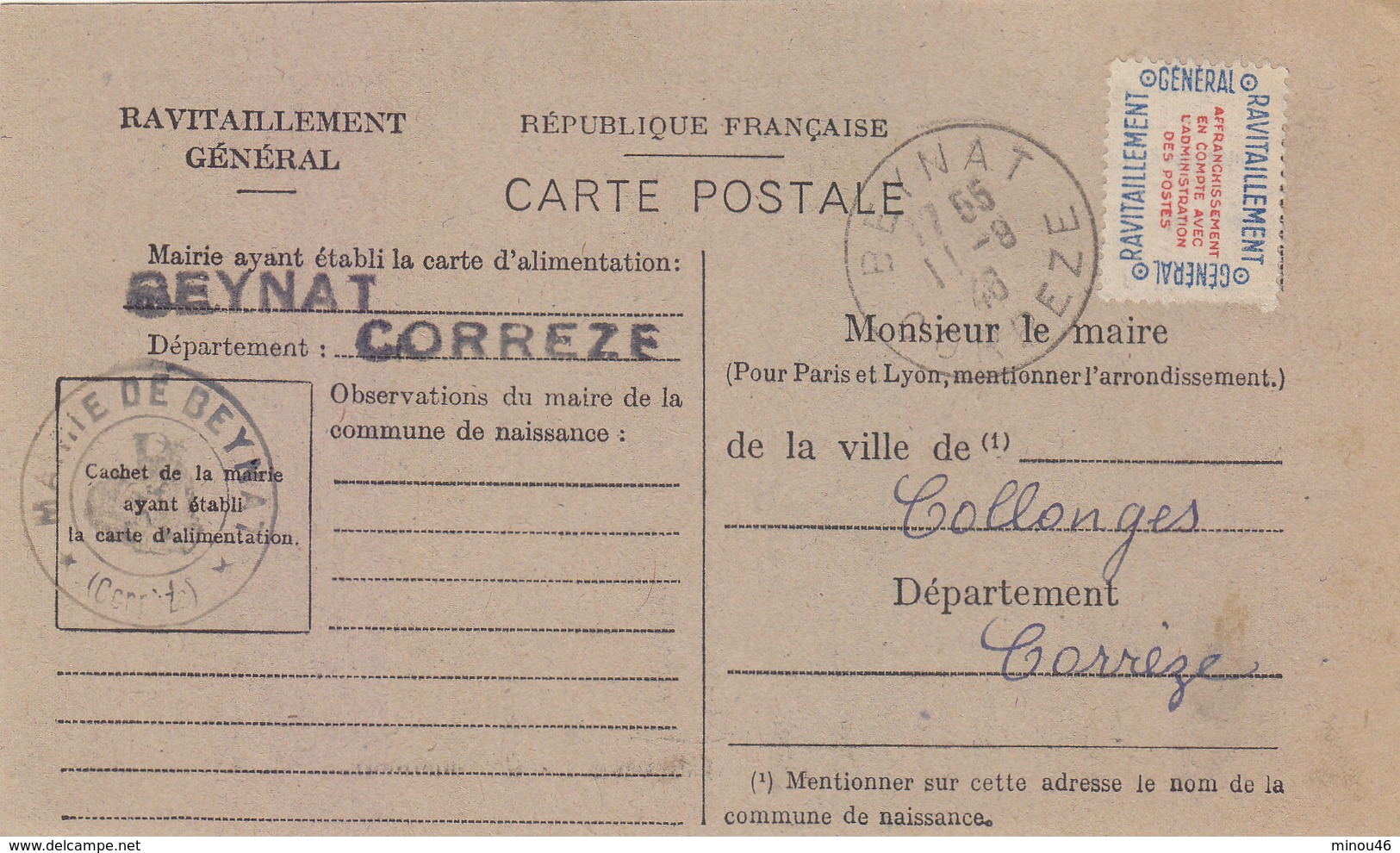 BEYNAT: CARTE DE RAVITAILLEMENT GENERAL.AVEC TIMBRE.NON OBLI.1946.ETAT T.BON - Autres & Non Classés