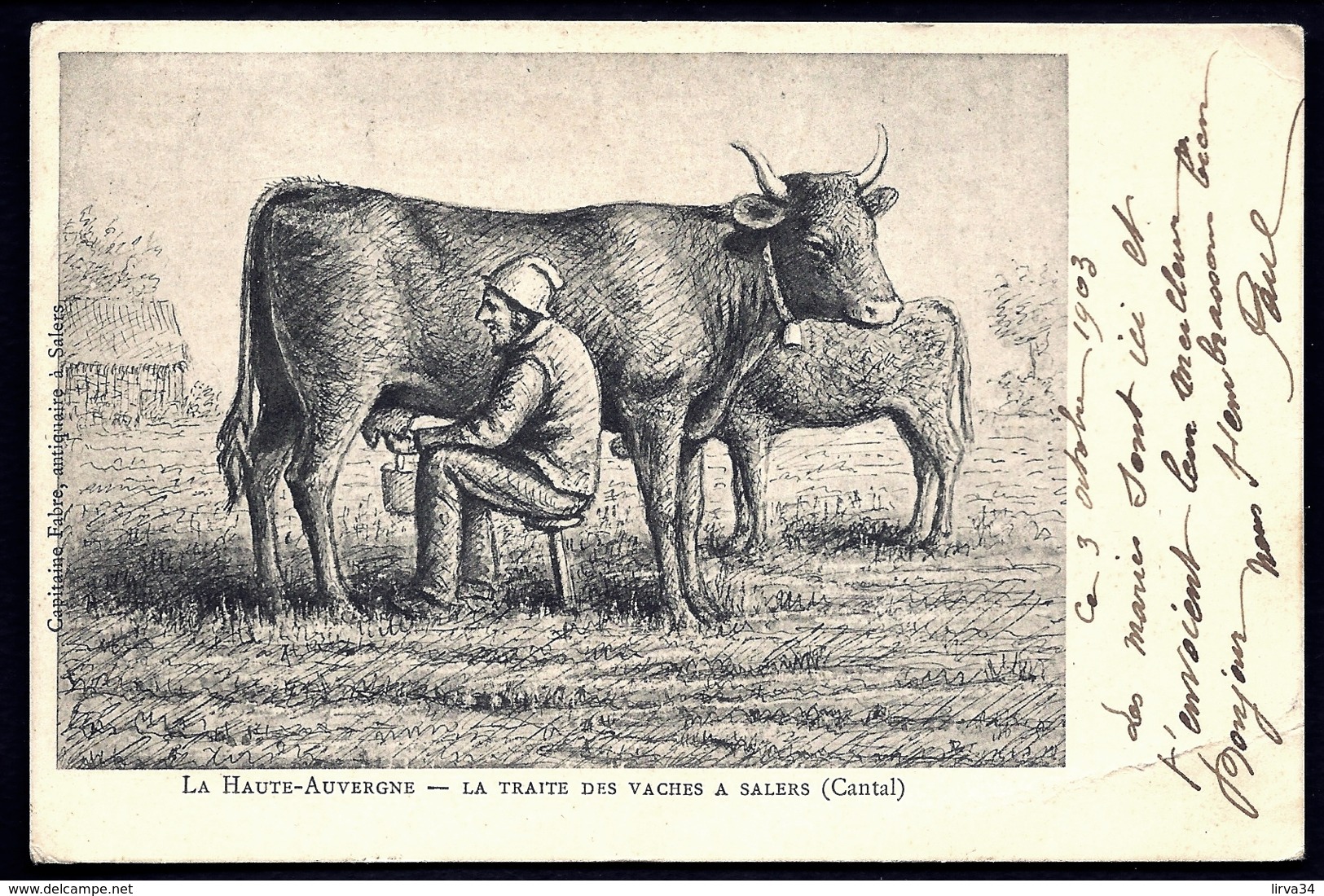 CPA PRECURSEUR- FRANCE- EN HAUTE-AUVERGNE- DESSIN AU FUSAIN DE 1900- LA TRAITE DES VACHES A SALERS- (15) - Autres & Non Classés