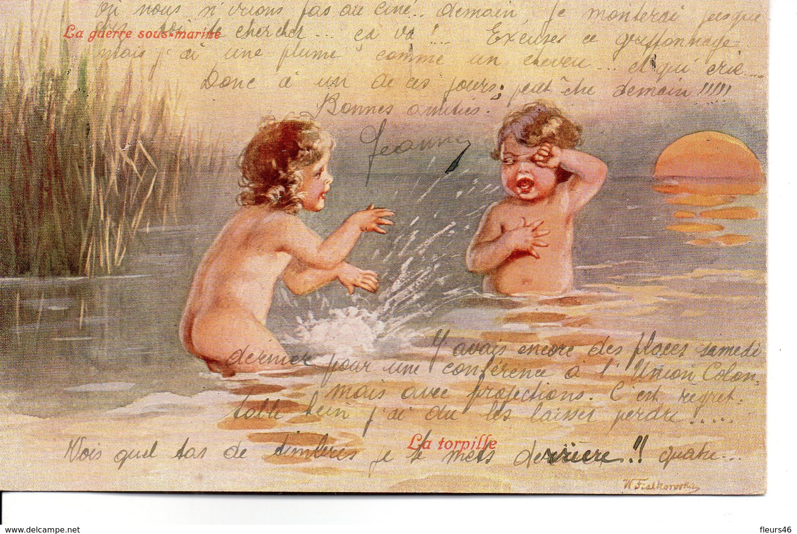 Illustrée Signée W. Fialkovska : Deux Enfants S'éclaboussant Dans La Rivière . - Fialkowska, Wally