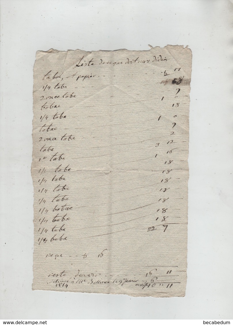 Liste Facture  1814 Maurienne Didier Mme Bailleux Marchande De Tabacs - 1800 – 1899