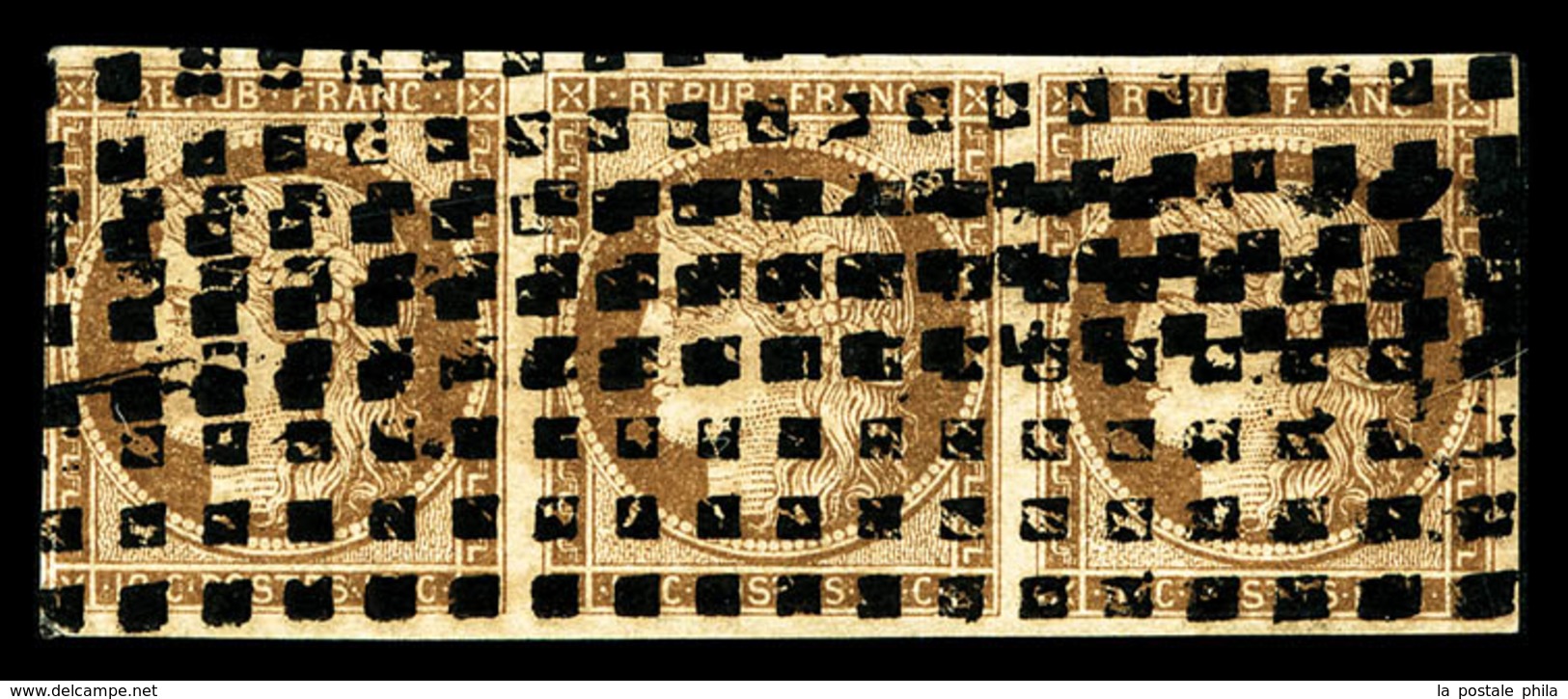 O N°1, 10c Bistre En Bande De Trois Horizontale, Oblitération Gros Points, TB (signé/certificat)  Qualité: O  Cote: 1725 - 1849-1850 Ceres