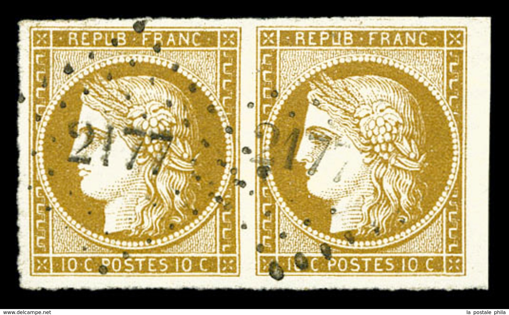 O N°1, 10c Bistre En Paire Obl Pc '2177', Grandes Marges, Pièce Choisie. SUP (certificat)  Qualité: O - 1849-1850 Ceres