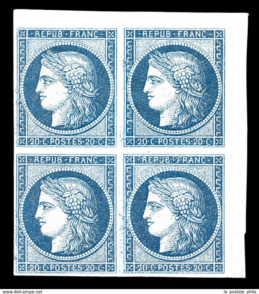 ** N°8b, Non émis, 20c Bleu Sur Azuré En Bloc De Quatre Coin De Feuille (1ex*), Piece D'une Qualité Exceptionnelle, R.R. - 1849-1850 Cérès