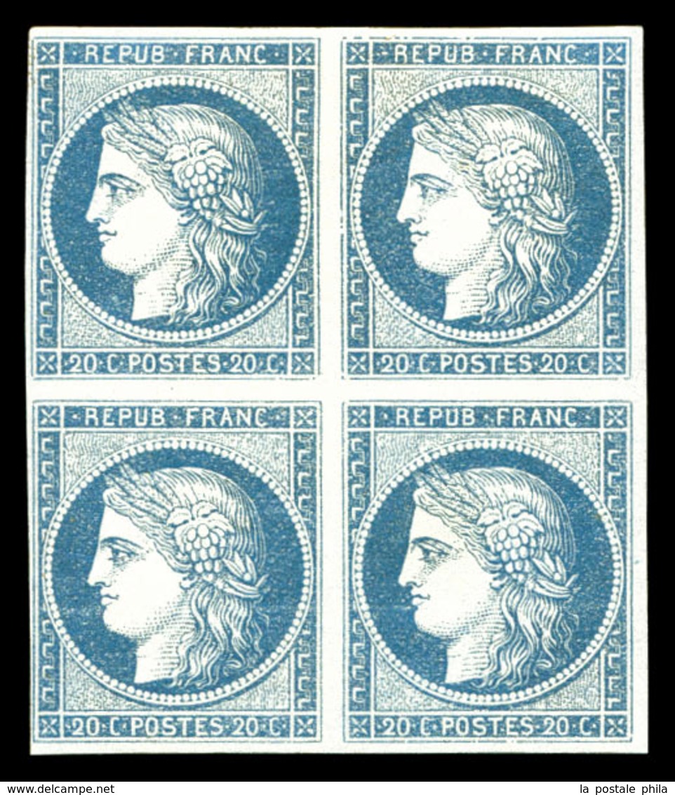 ** N°8b, Non émis, 20c Bleu Sur Azuré En Bloc De Quatre (2ex*), Piece D'une Qualité Exceptionnelle, R.R.R (signé Schelle - 1849-1850 Ceres