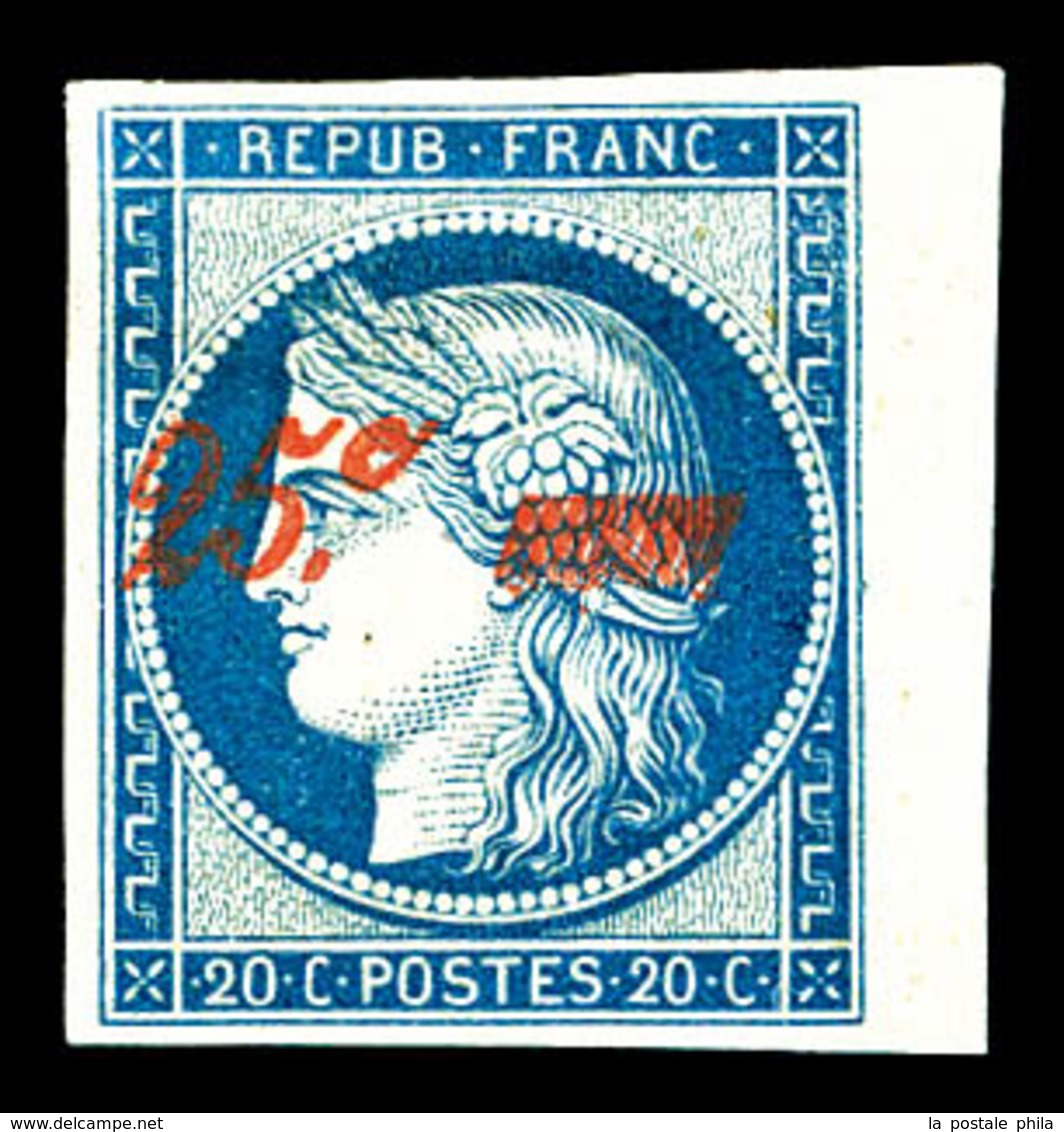 * N°8A, Non émis, 25c Sur 20c Bleu, Bord De Feuille Latéral Droit, Fraîcheur Postale. SUPERBE. R.R.R. (certificats)  Qua - 1849-1850 Cérès