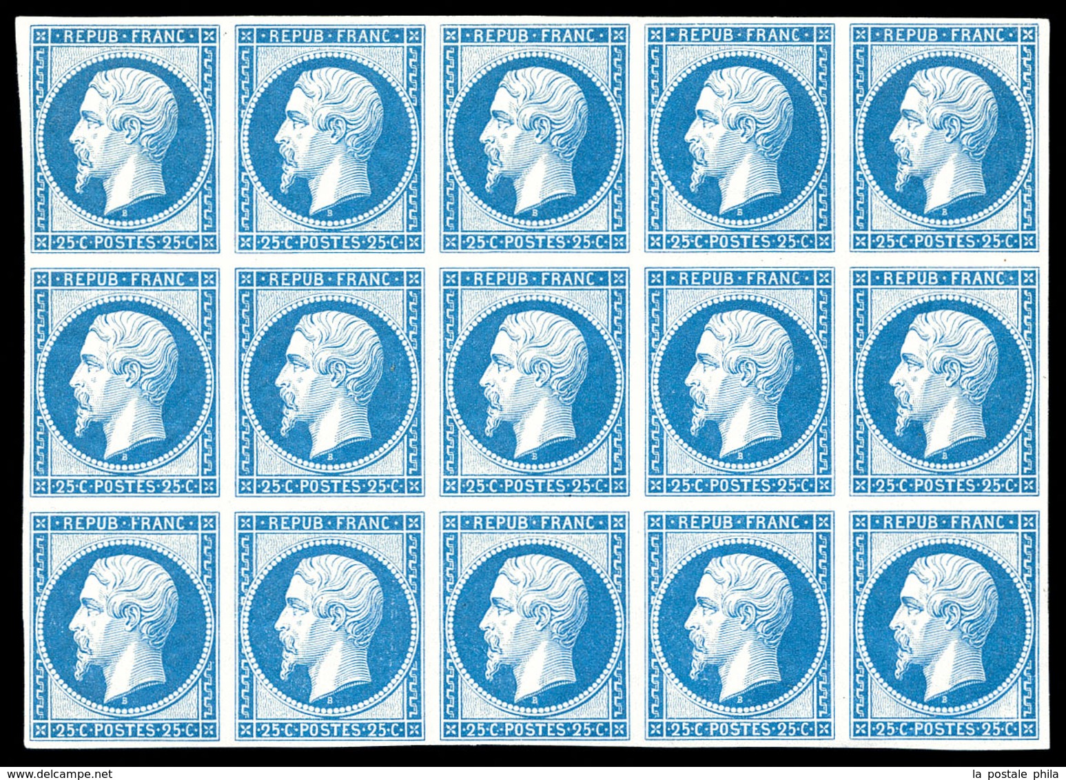 ** N°10c, 25c Bleu, Impression De 1862 En Bloc De 15 Exemplaires (2ex*), Fraîcheur Postale. SUPERBE. R.R. (certificat)   - 1852 Louis-Napoléon