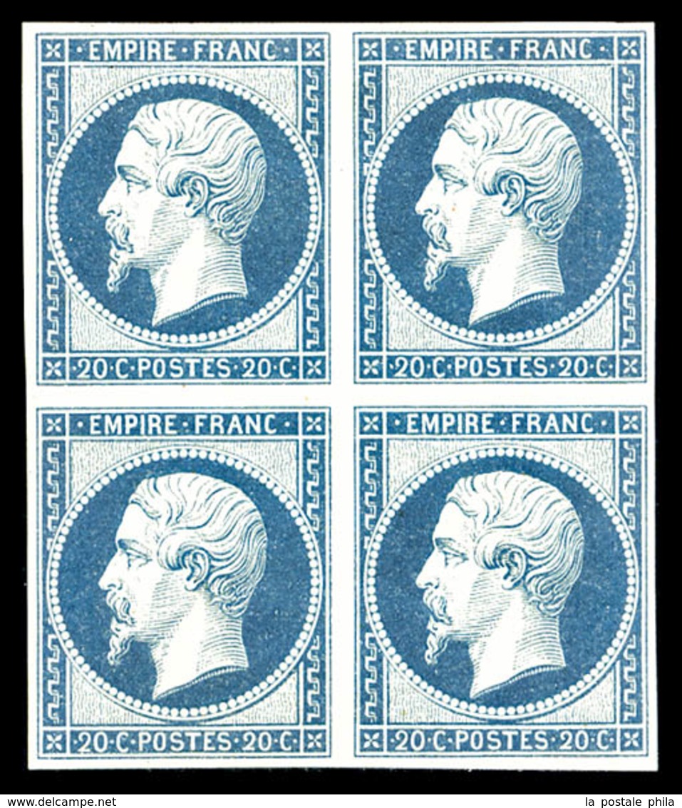 ** N°14Af, 20c Bleu Laiteux Type I En Bloc De Quatre (2 T*), Fraîcheur Postale, SUP (signé Calves/certificat)  Qualité:  - 1853-1860 Napoléon III