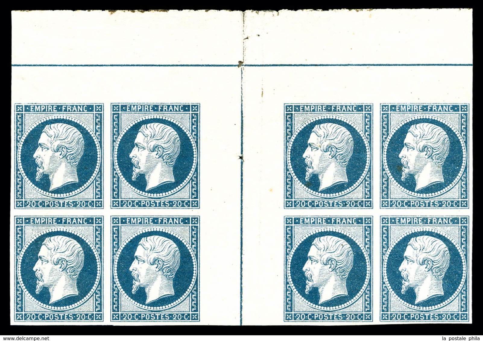 ** N°14Ai, 20c Bleu Laiteux En Bloc De Huit Avec Double Filet D'encadrement En Marge Centrale, Fraîcheur Postale, GRANDE - 1853-1860 Napoléon III