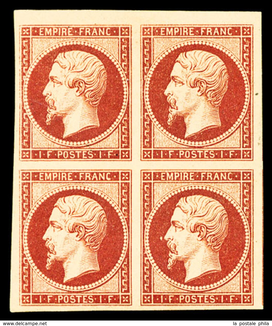 ** N°18d, 1F Carmin Impression De 1862 En Bloc De Quatre Bord De Feuille (2ex*), Grandes Marges, Fraîcheur Postale, SUPE - 1853-1860 Napoléon III