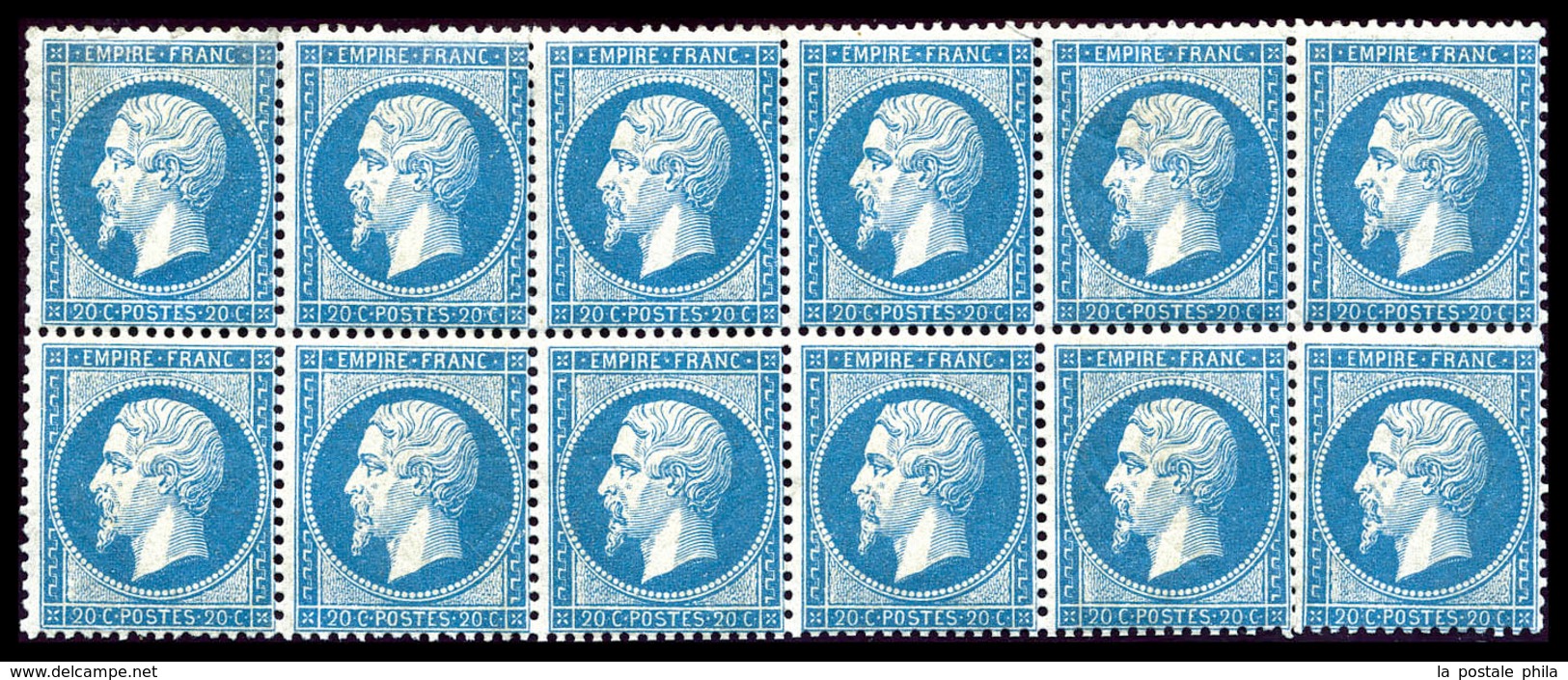 ** N°22, 20c Bleu En Bloc De 12 Exemplaires, Fraîcheur Postale. SUP. R.R. (certificat)  Qualité: ** - 1862 Napoléon III