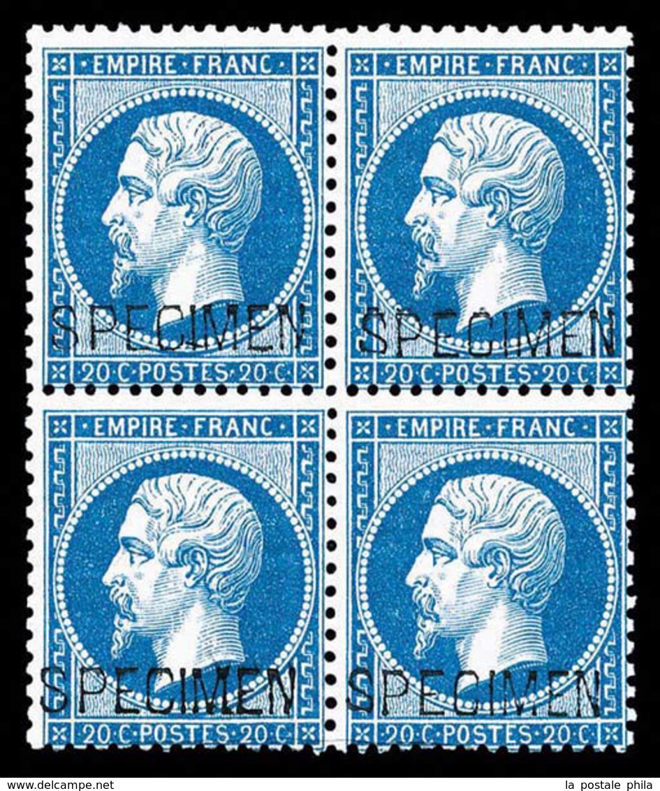 ** N°22d, 20c Bleu En Bloc De Quatre Surchargé 'SPECIMEN', FRAÎCHEUR POSTALE, RARE ET SUPERBE (signé Brun/certificat)    - 1862 Napoléon III