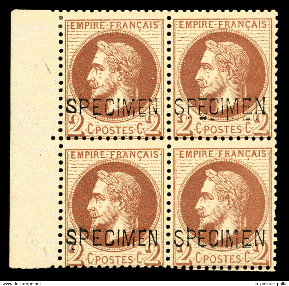 ** N°26Be, 2c Rouge Brun Surchargé 'SPECIMEN' En Bloc De Quatre Bdf (1ex*), Fraîcheur Postale. SUPERBE (signé Calves/cer - 1863-1870 Napoléon III Lauré