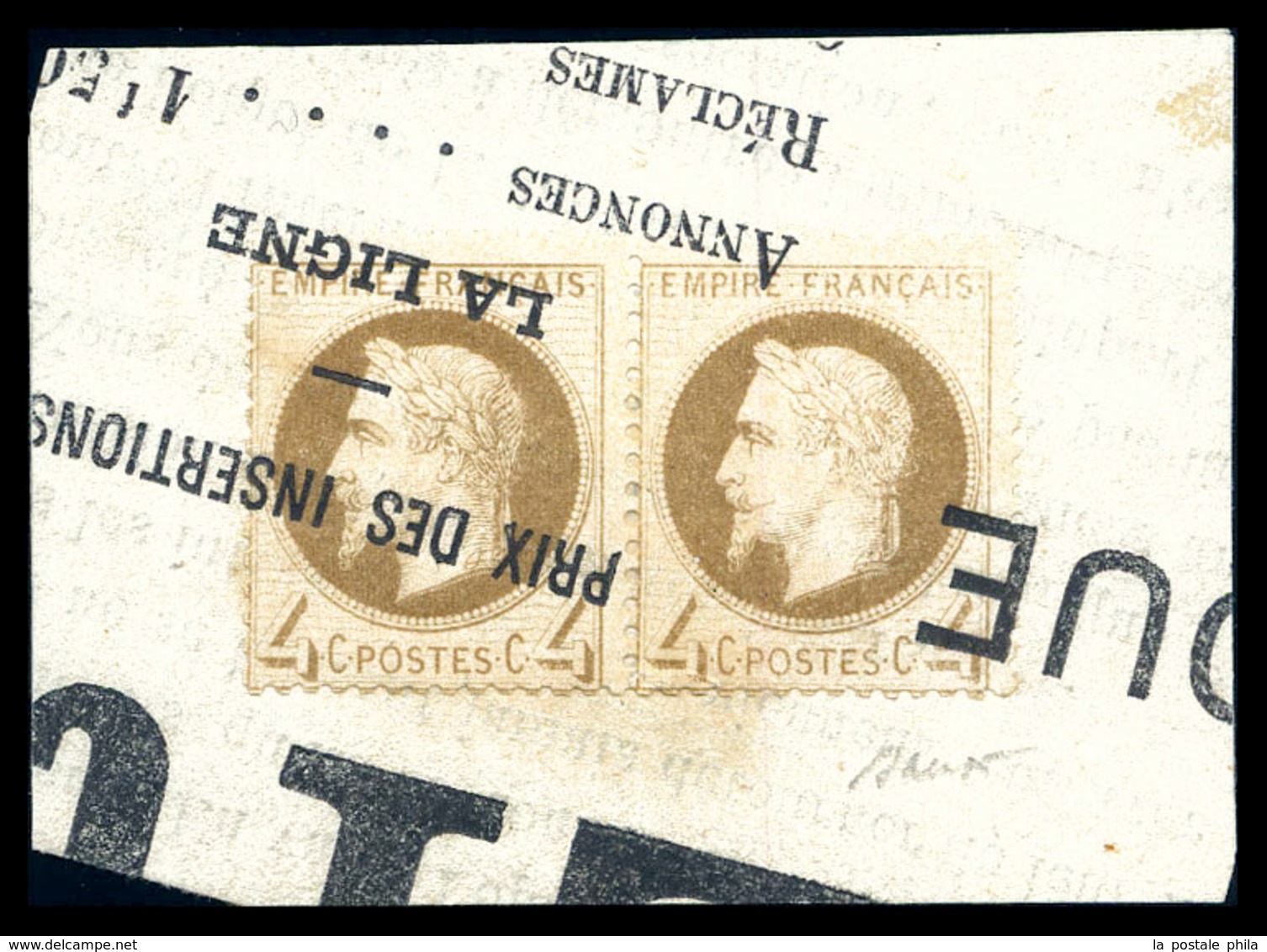 O N°27B, 4c Mordoré En Paire Obl Typographique Des Journaux Sur Son Support. TTB (certificat)  Qualité: O - 1863-1870 Napoléon III. Laure
