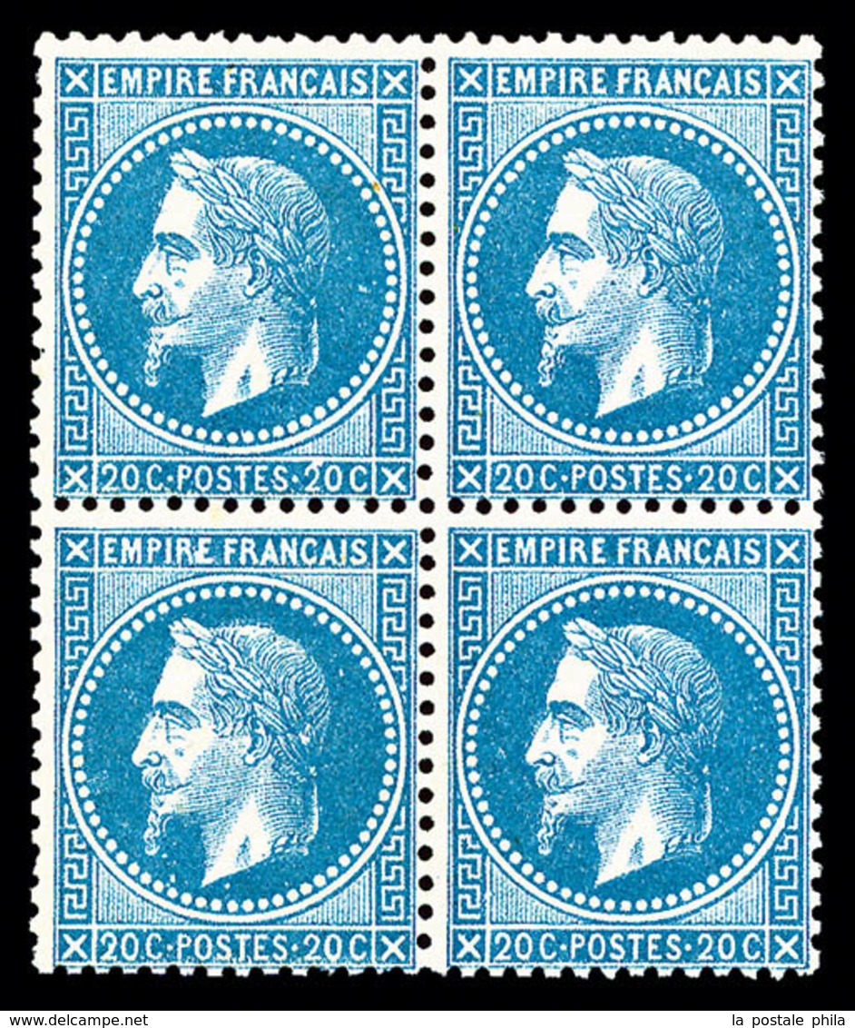 ** N°29B, 20c Bleu Type II En Bloc De Quatre, FRAÎCHEUR POSTALE, SUPERBE (certificat)   Qualité: ** - 1863-1870 Napoléon III Lauré
