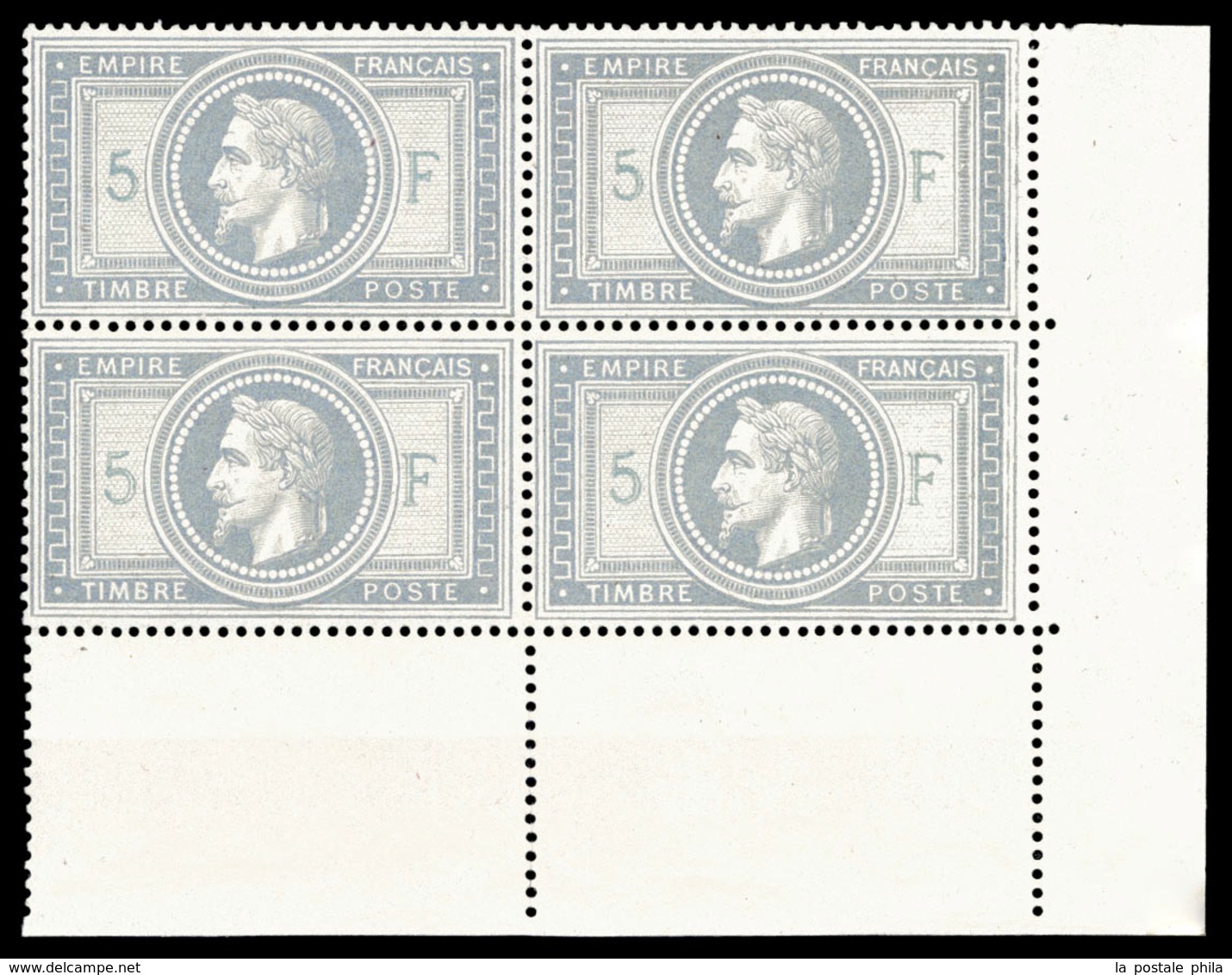 ** N°33A, 5F Violet-gris Avec 5 Et F En Bleu, Bloc De Quatre Coin De Feuille (1ex*), Fraîcheur Postale, Centrage Parfait - 1863-1870 Napoleon III Gelauwerd