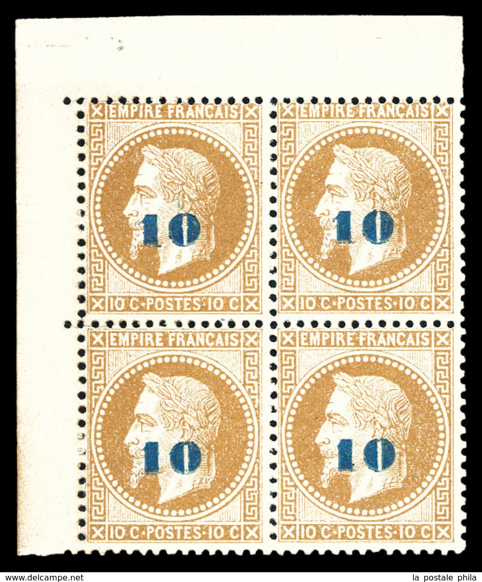 ** N°34, Non émis, 10c Sur 10c Bistre En Bloc De Quatre Coin De Feuille (2ex Gomme Légèrement Jaune) , Fraîcheur Postale - 1863-1870 Napoléon III. Laure