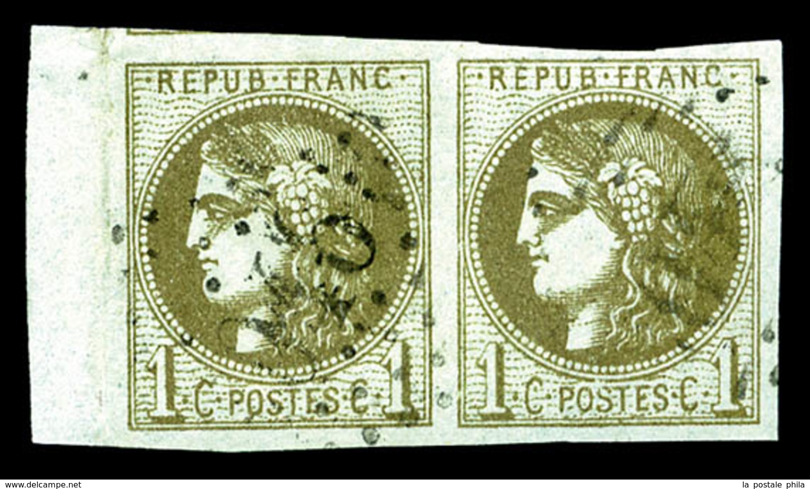 O N°39Cc, 1c Olive-bronze Rep 3 En Paire Bord De Feuille Latéral, Très Jolie Couleur, TTB (certificat)  Qualité: O  Cote - 1870 Emission De Bordeaux