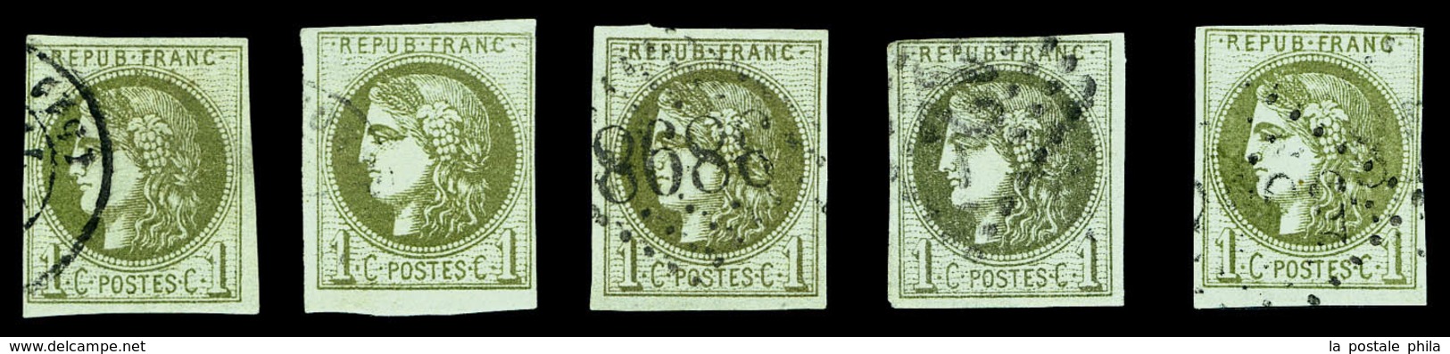 O 1c Bordeaux, 5 Exemplaires Dont Nuances (Rep I, II X2 Et III X2). TB  Qualité: O  Cote: 1065 Euros - 1870 Ausgabe Bordeaux