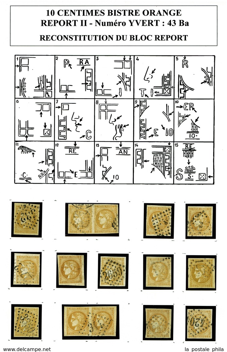 O N°43Ba, 10c BISTRE ORANGE Report 2: Bloc Report De 15 Exemplaires Reconstitué Comprenant 2 Paires, Tous TB/SUP. R.R. ( - 1870 Emission De Bordeaux