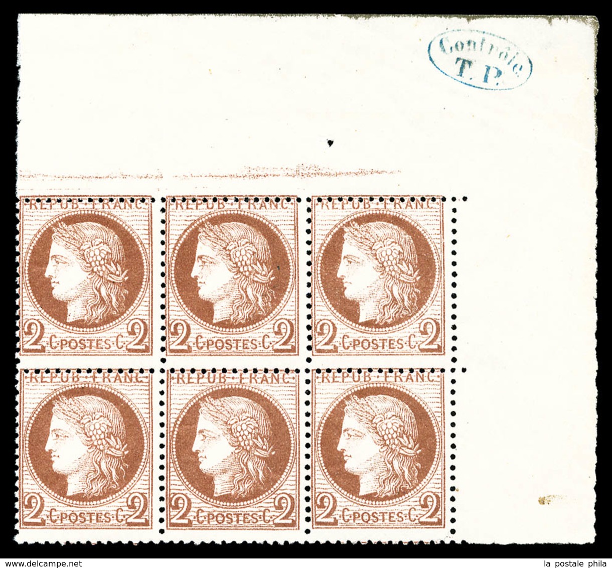 ** N°51, 2c Rouge-brun En Bloc De Six Coin De Feuille Avec Cachet De Contrôle En Bleu, Fraîcheur Postale (certificat)  Q - 1871-1875 Cérès