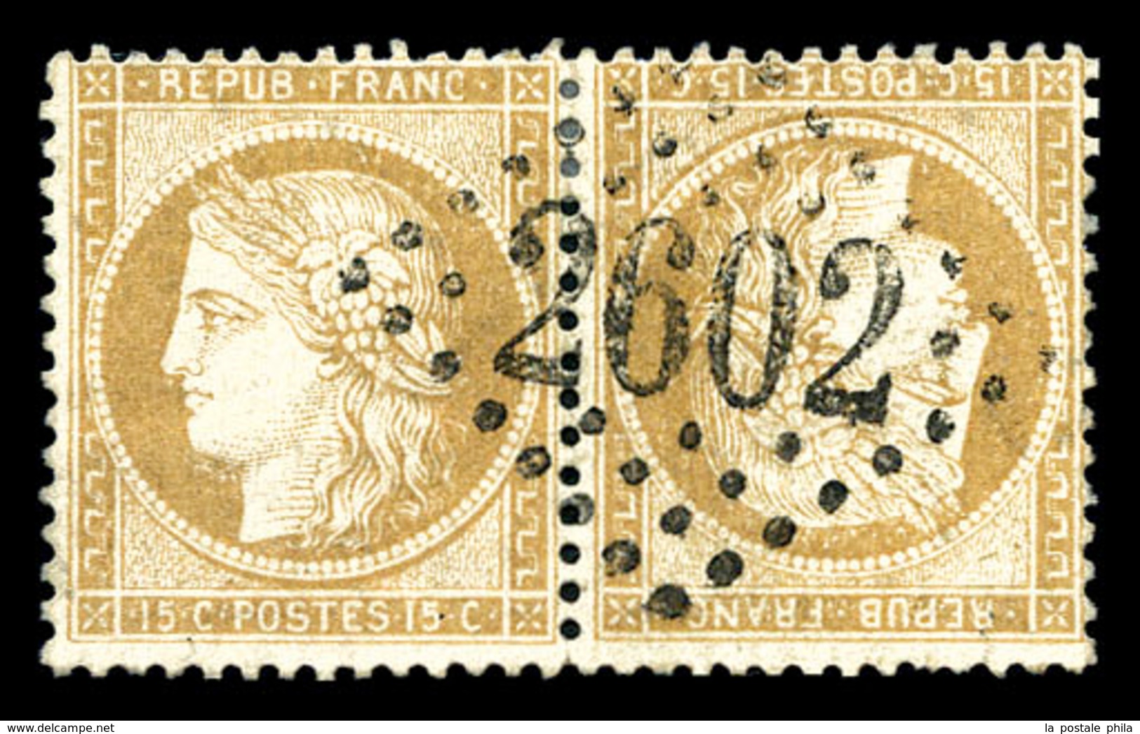 O N°59b, 15c Bistre En Paire Tête-bêche Obl GC '2602', TRÈS JOLIE PIÈCE, RARE (signé Scheller/certificat)  Qualité: O  C - 1871-1875 Cérès