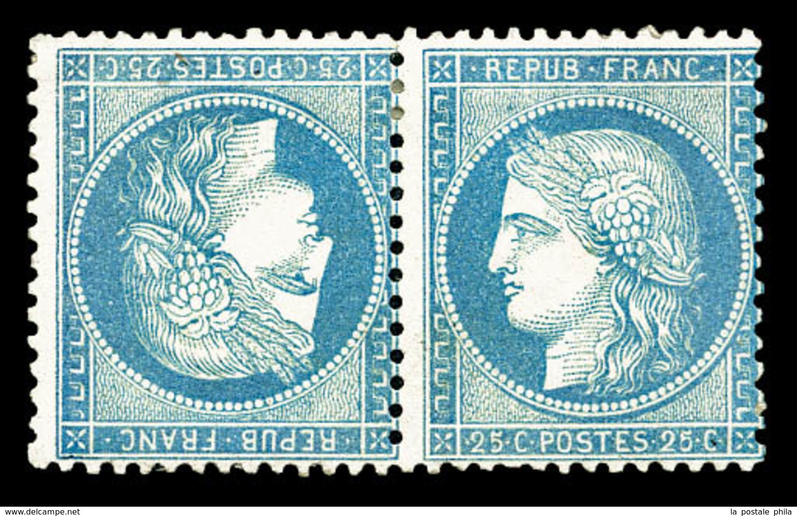 (*) N°60Ab, 25c Bleu En Paire Tête-bêche, Infime Pelurage, Jolie Pièce (signé Calves/certificat)  Qualité: (*)  Cote: 13 - 1871-1875 Cérès