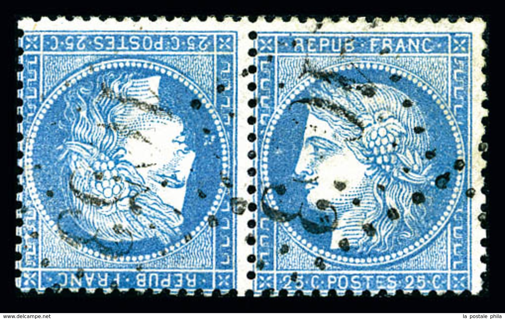 O N°60Ab, 25c Bleu En Paire Tête-bêche, Oblitération Légère, R.R. SUP (signé Calves/certificat)  Qualité: O  Cote: 5500  - 1871-1875 Cérès