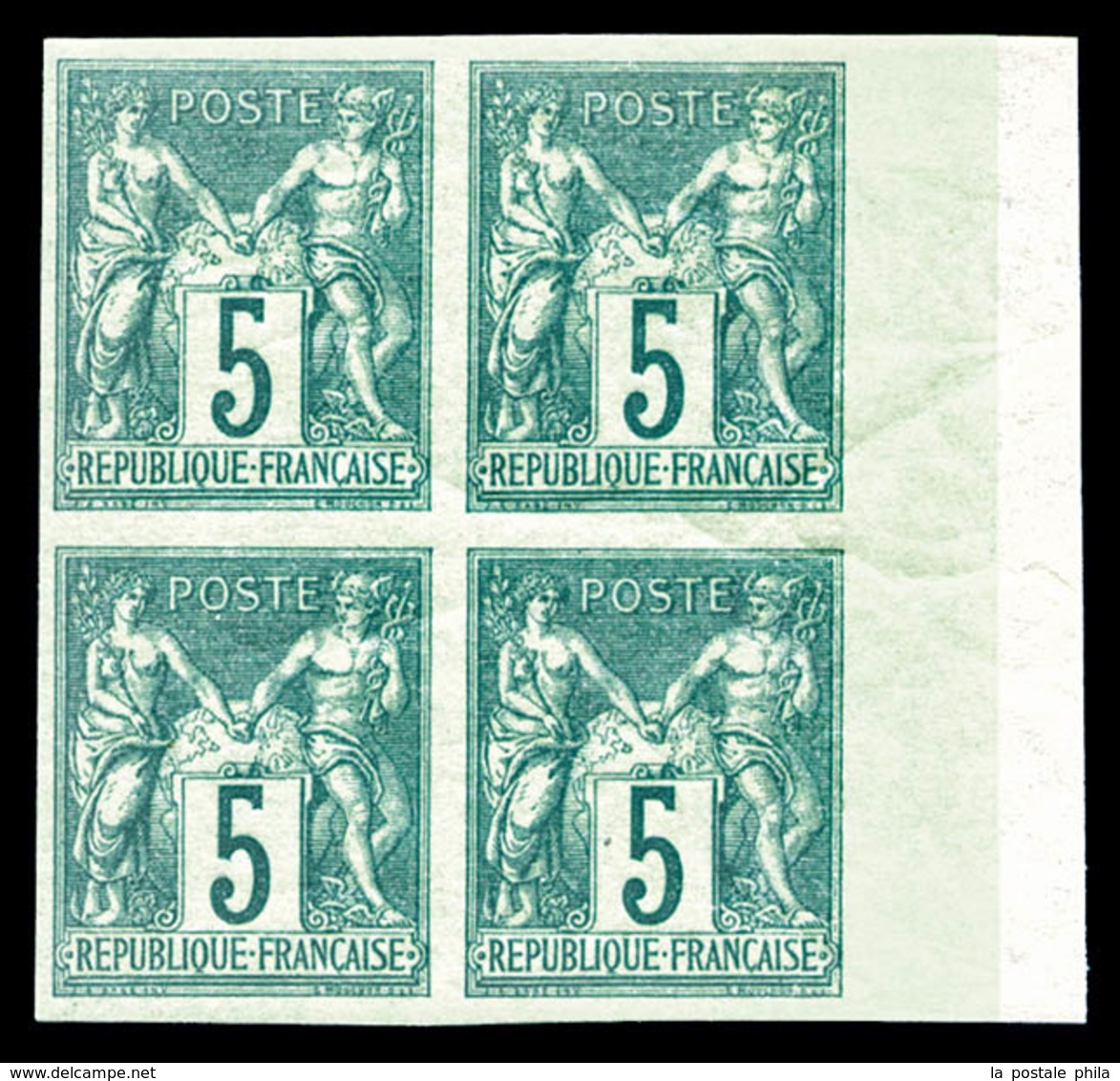 ** N°64a, 5c Vert Type I Non Dentelé En Bloc De Quatre Bord De Feuille Latéral Droit (1ex*), Fraîcheur Postale, Superbe  - 1876-1878 Sage (Type I)