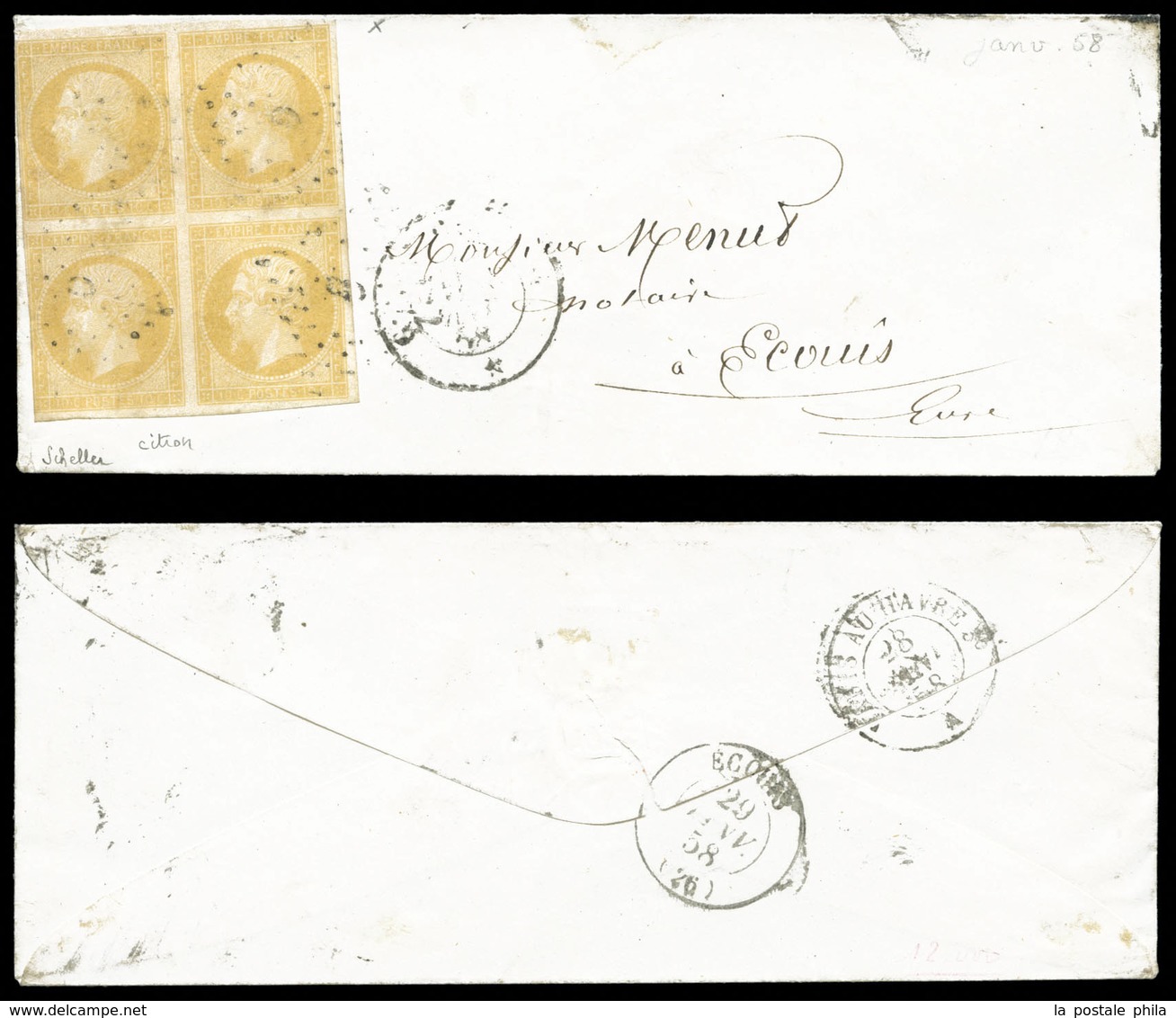 O N°13Aa, 10c Jaune Citron En Bloc De Quatre Sur Lettre De Paris Pour Ecouis. TB. R.R. (signé Scheller/certificat)  Qual - 1849-1876: Période Classique