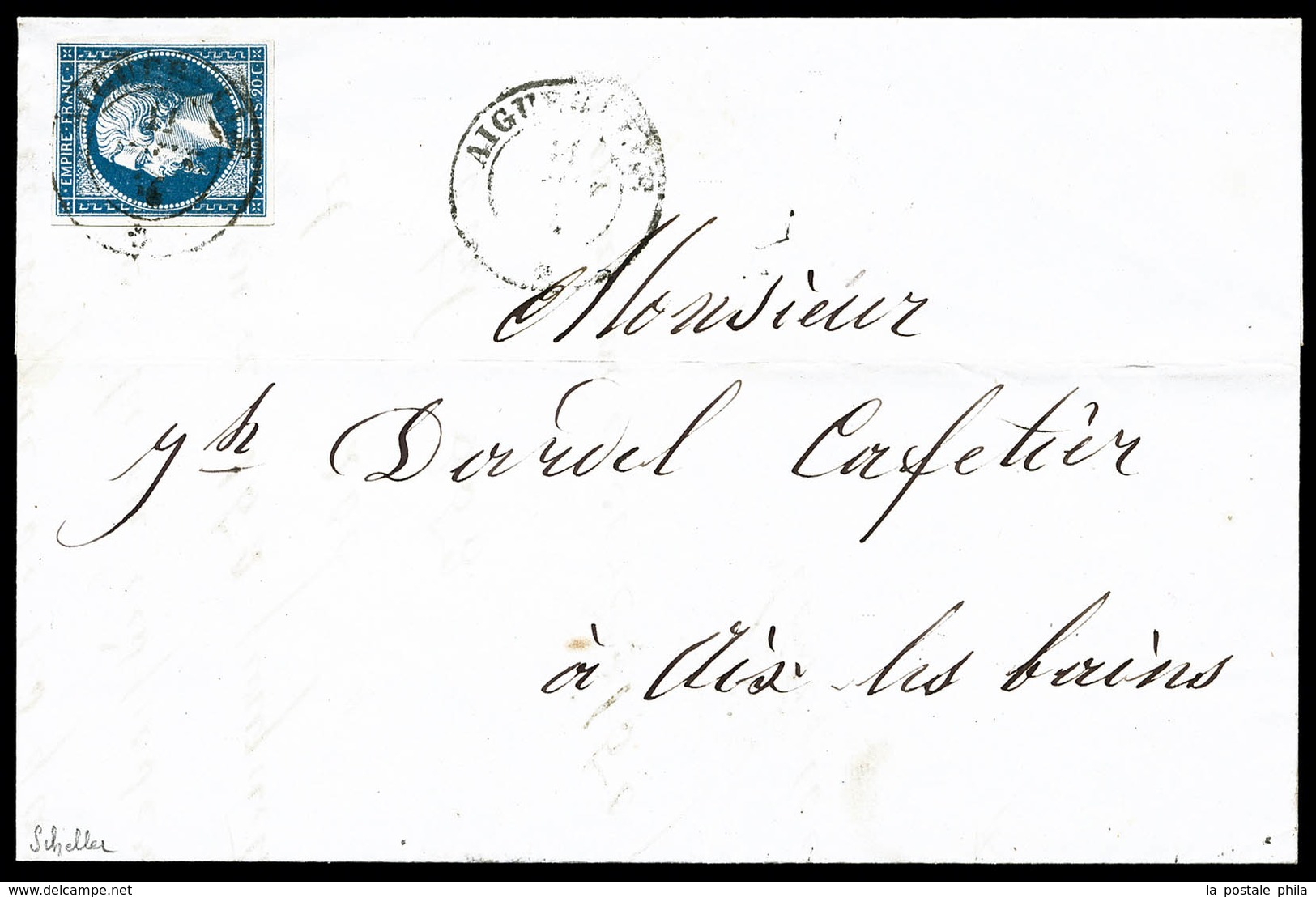 O N°14A, 20c Bleu Obl Sarde 'Aiguebelle' Sur Lettre à Déstination D' Aix Les Bains, RRE Et TTB (signé Scheller/certifica - 1849-1876: Classic Period