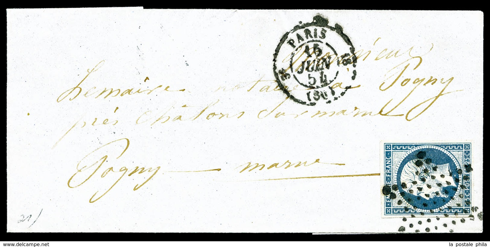 O N°15, 25c Bleu Sur Lettre De Paris à Dest De Lagny Sur Marne, TTB (certificat)  Qualité: O  Cote: 500 Euros - 1849-1876: Période Classique