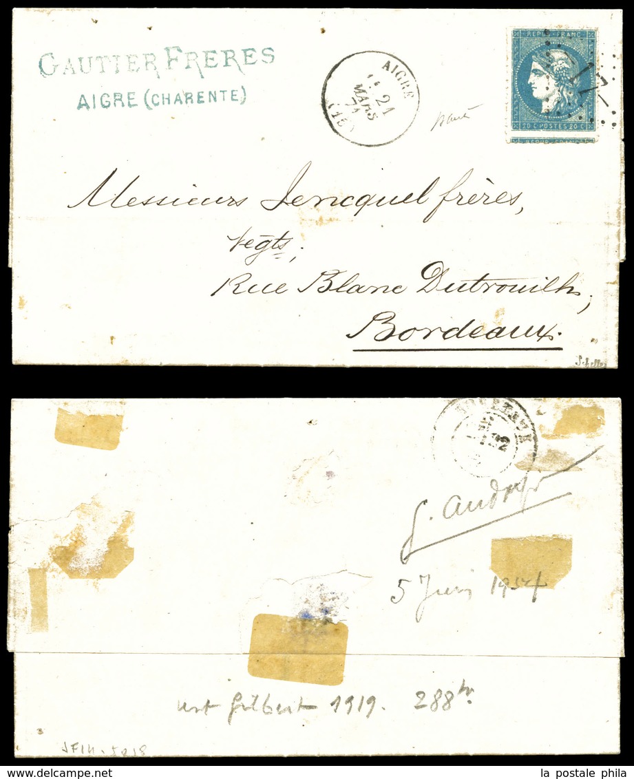 O N°44A, 20c Bleu Type I Report 1: PERCE EN LIGNE Obl GC 17 Sur Lettre D'Aigre Le 21 Mars 1871. SUP. R.R. (signé Schelle - 1849-1876: Classic Period