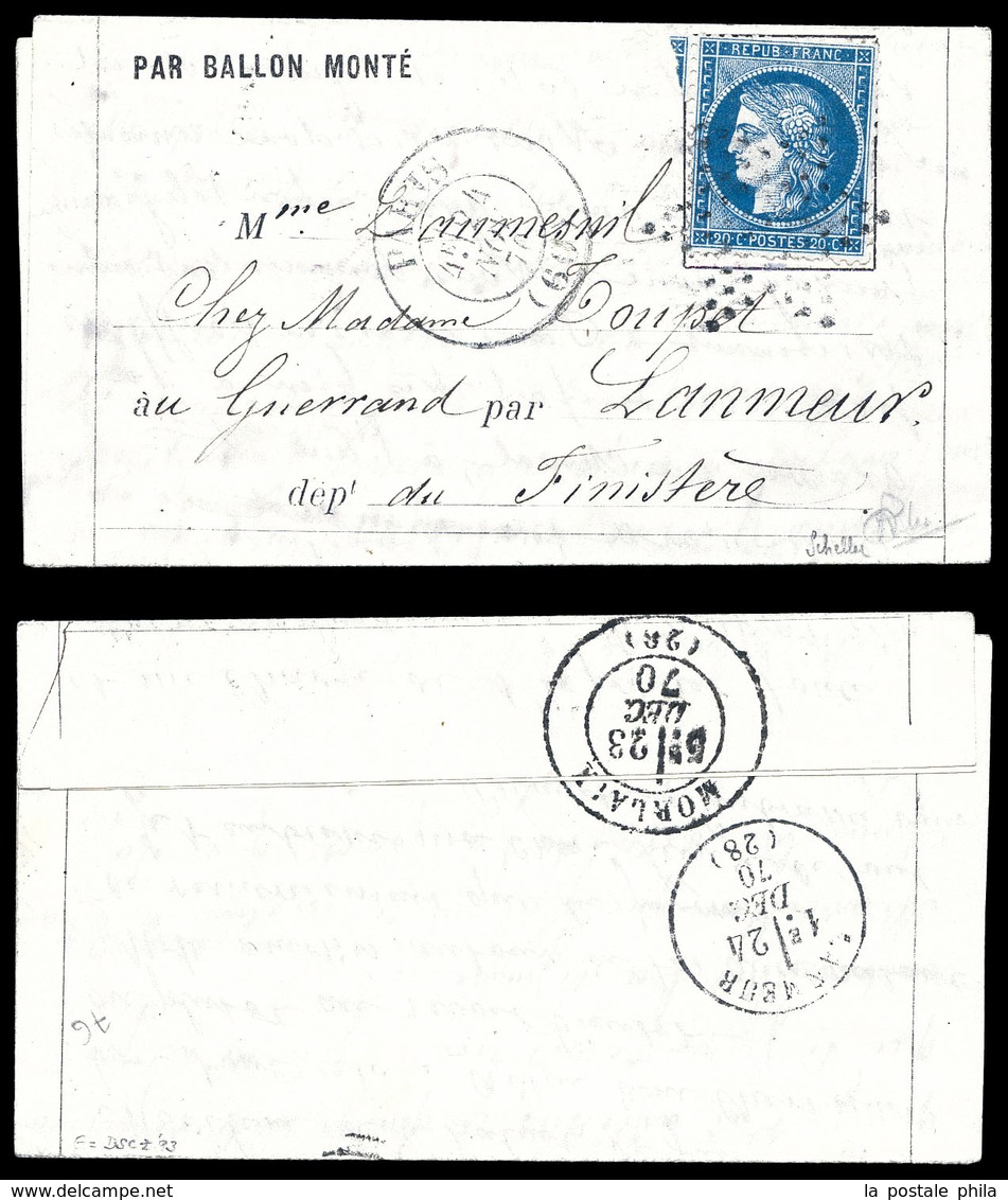 O LE JACQUARD', 20c Siège (n°37), Càd De Paris Le 24 Nov 70 (4ème Levée) à Destination De Lanmeur, Arrivée Le 24 Dec 70. - Guerre De 1870