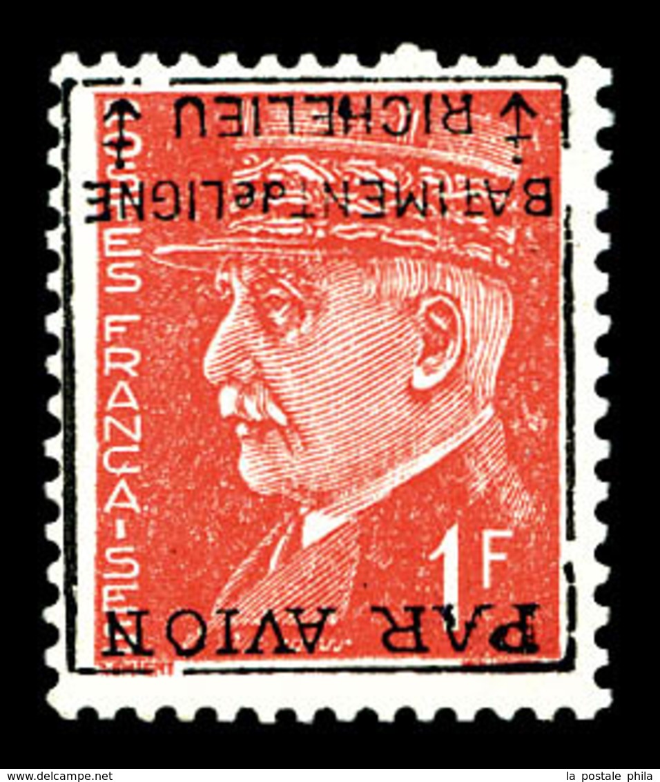 ** N°2a, Pétain, 1F Rouge Surchargé 'PAR AVION RICHELIEU', SURCHARGE RENVERSEE, RARE ET SUP (certificats)   Qualité: ** - Poste Aérienne Militaire