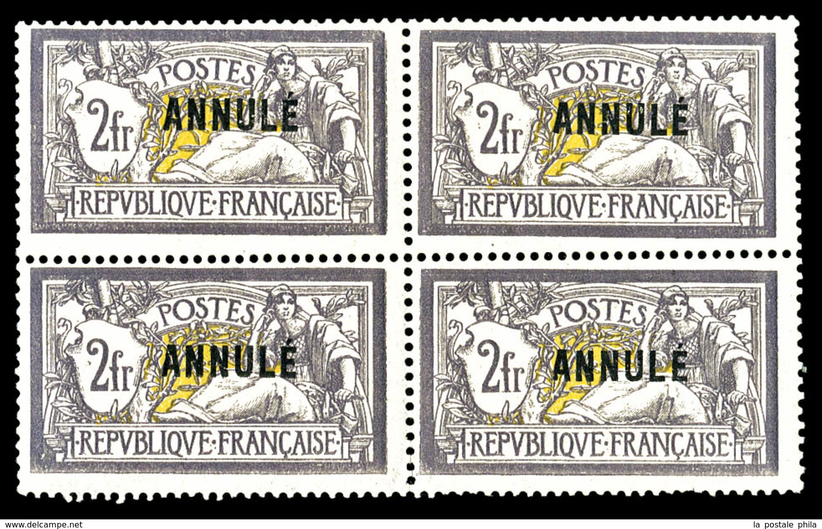 ** N°122-CI 1, Merson, 2F Violet Et Jaune Surchargé 'ANNULE' En Bloc De Quatre. SUPERBE. R.R.R. (certificat)   Qualité:  - Cours D'Instruction