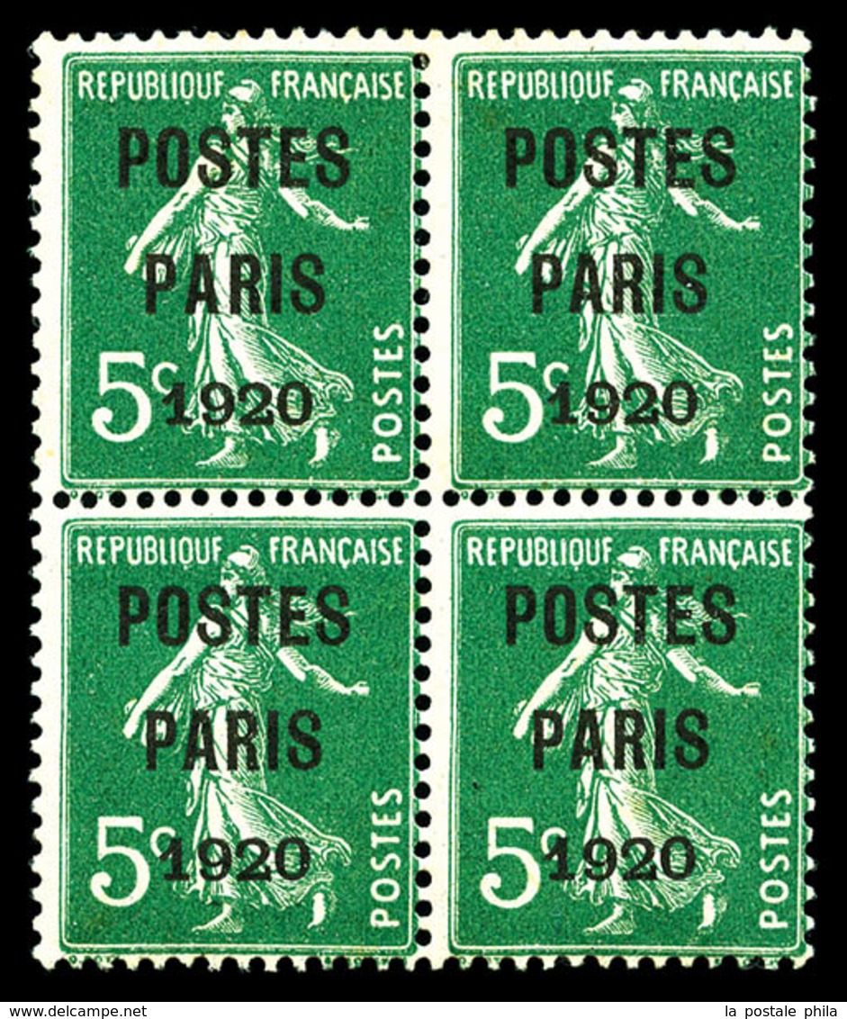 ** N°24, 5c Vert Surchargé 'POSTE PARIS 1920' En Bloc De Quatre (2ex*), Fraîcheur Postale, SUPERBE Et RARE (signé Calves - 1893-1947