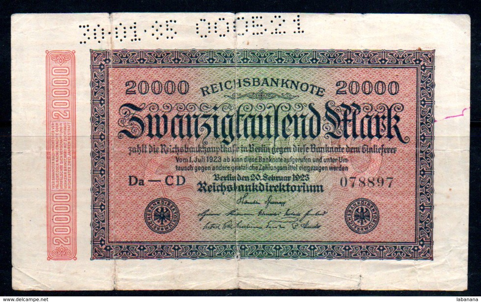 617-Allemagne Billet De 20000 Mark 1923 Da-CD Perforé 30-1-35 - 20.000 Mark