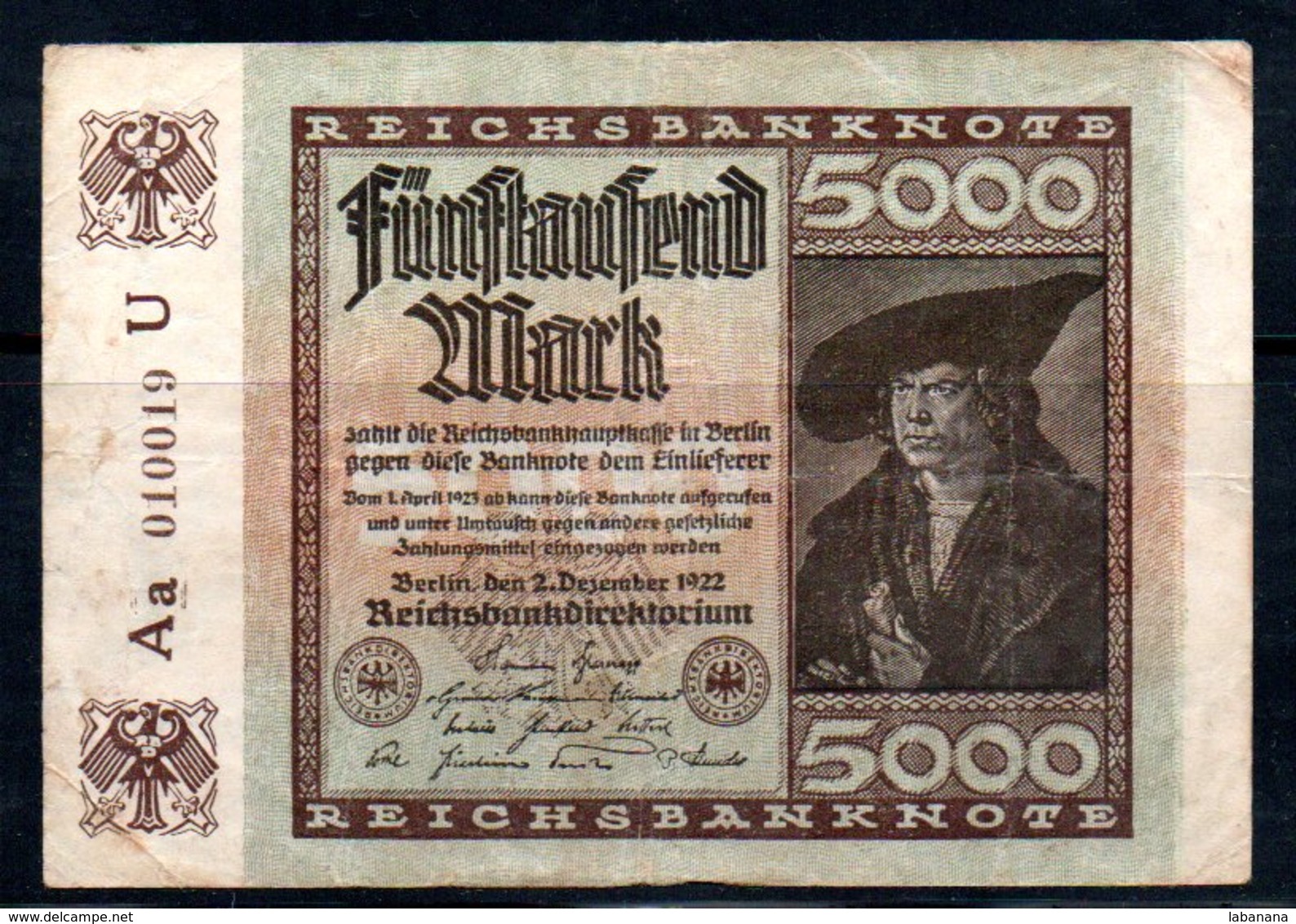 617-Allemagne Billet De 5000 Mark 1922 Aa010U - 5000 Mark