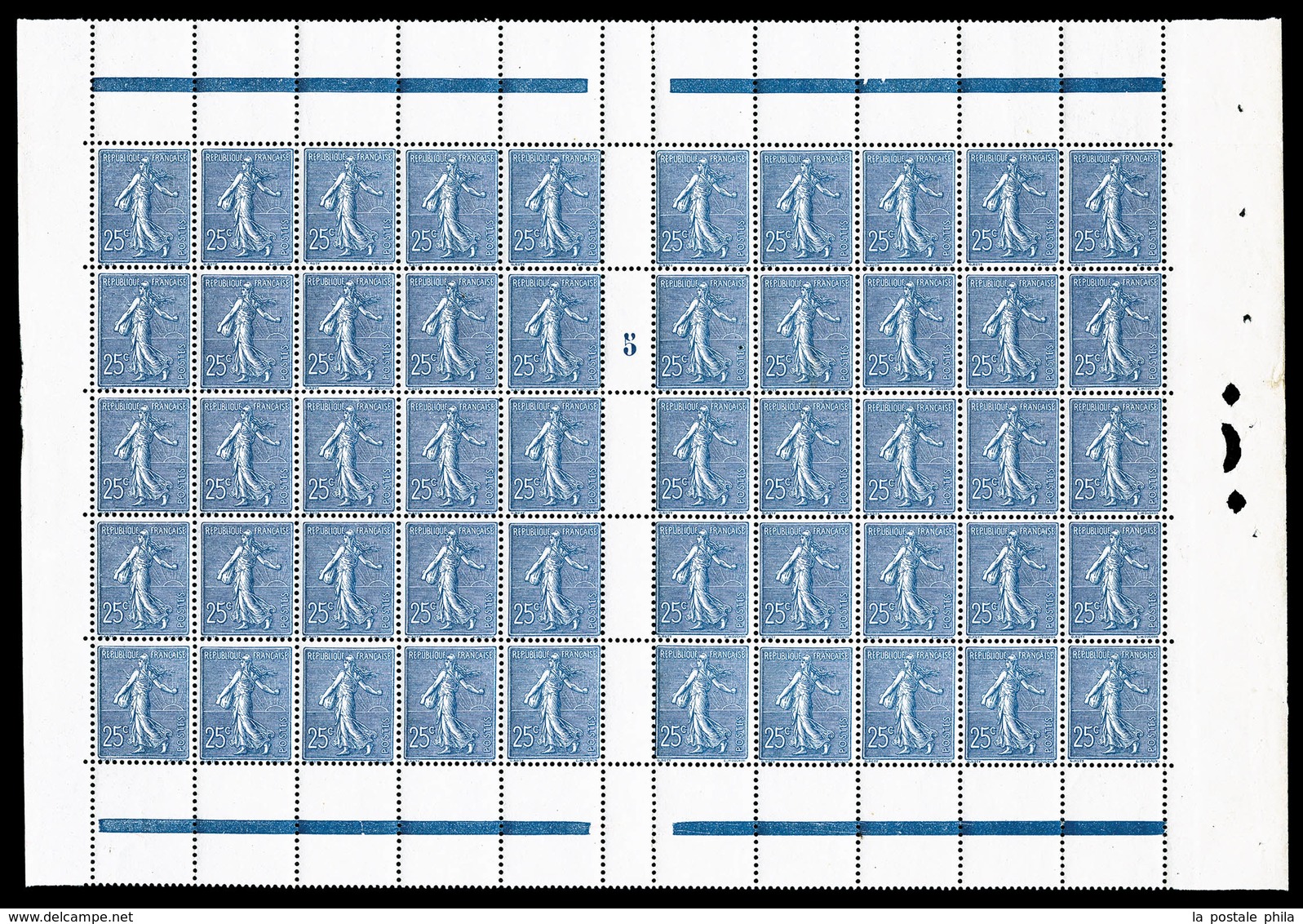 ** N°132, Semeuse, 25c Bleu En Feuille De 50 Exemplaires Avec Millésime '5', Très Bon Centrage D'ensemble, SUP (certific - Feuilles Complètes