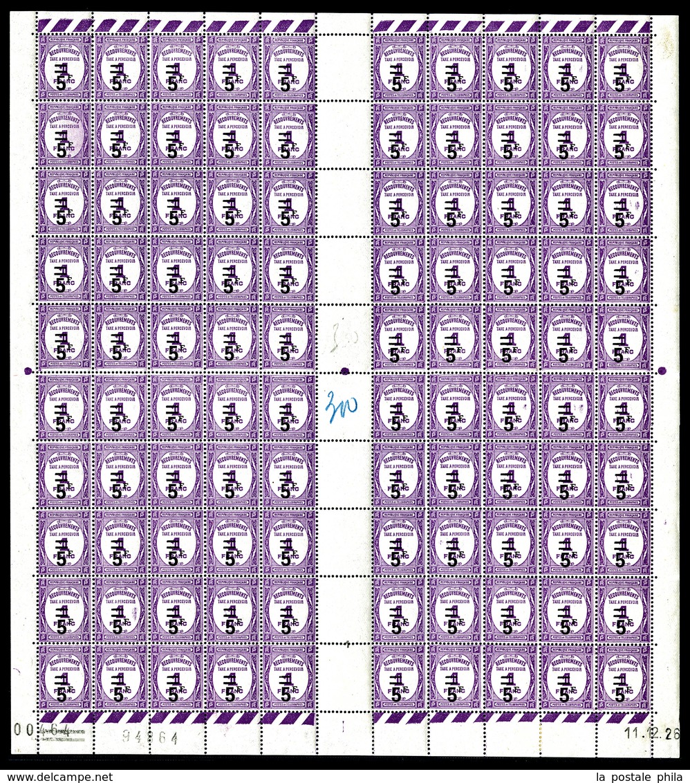 ** N°65, 5f Sur 1f Lilas En Feuille Complète De 100 Exemplaires Datée Du 11/12/26. SUPERBE. R.R. (certificat)  Qualité:  - Feuilles Complètes