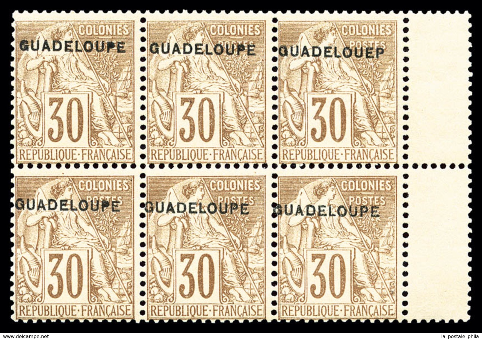 ** N°22a(D), 30c Brun Variété 'GUADELOUEP' Tenant à Normaux Dans Un Bloc De 6, Fraîcheur Postale, SUPERBE (certificat)   - Neufs