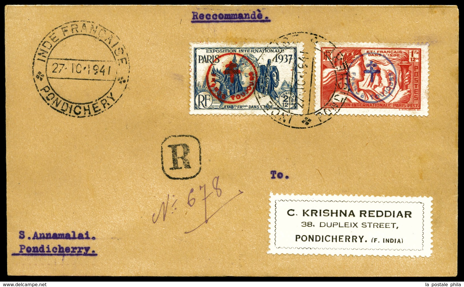 O N°230AA/BB, 'FRANCE TOUJOURS' :les 2 Valeurs Sur Lettre Locale De Pondichery Le 27 Oct 1941. SUP (certificat)  Qualité - Neufs