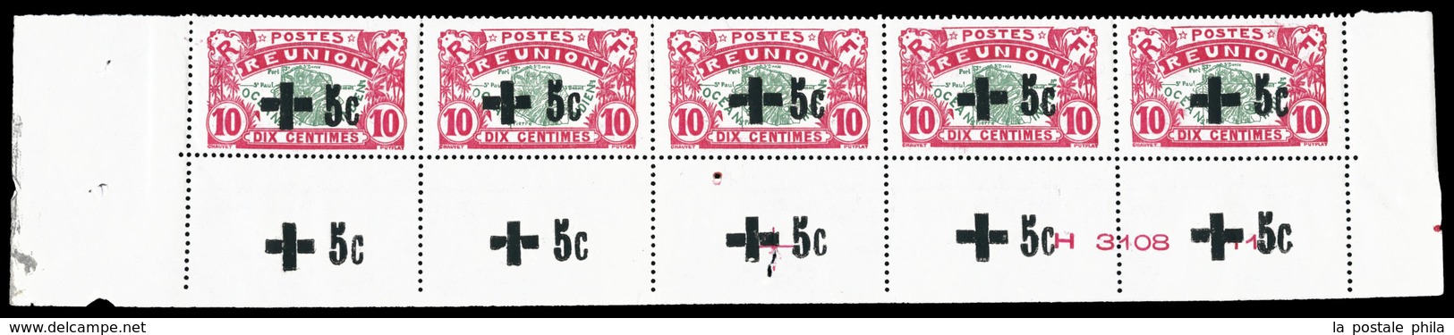 ** N°80, Croix Rouge De 1919 (surcharge Noire): Bande De 5 Exemplaires Bas De Feuille Avec Numéro Et Croix De Repère. SU - Neufs