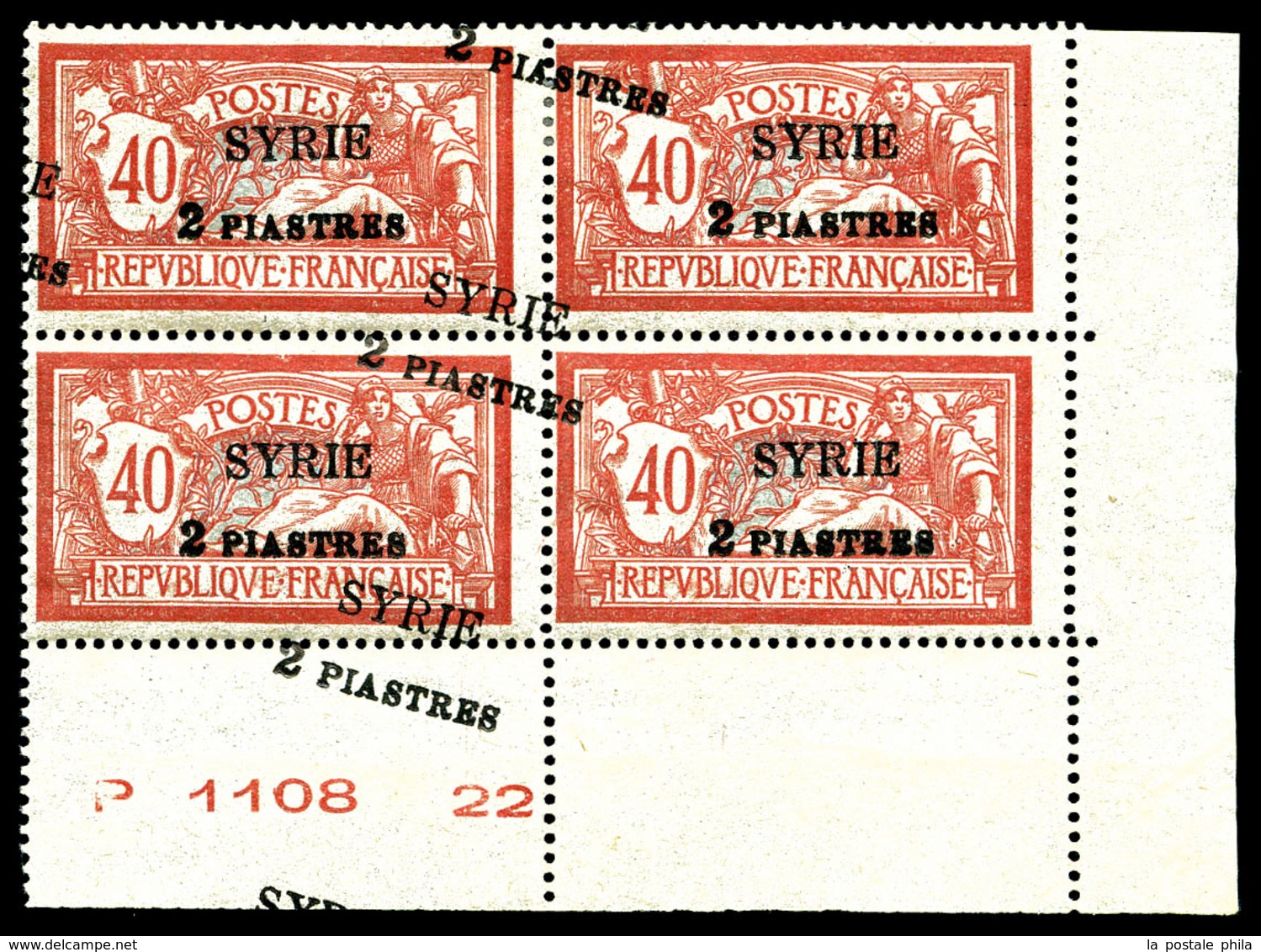 ** N°114, 2 Pi Sur 40c Rouge-orange: Triple Surcharge Surcharge Décalée En Diagonale Sur Bloc De Quatre Cdf Numéroté (2e - Unused Stamps