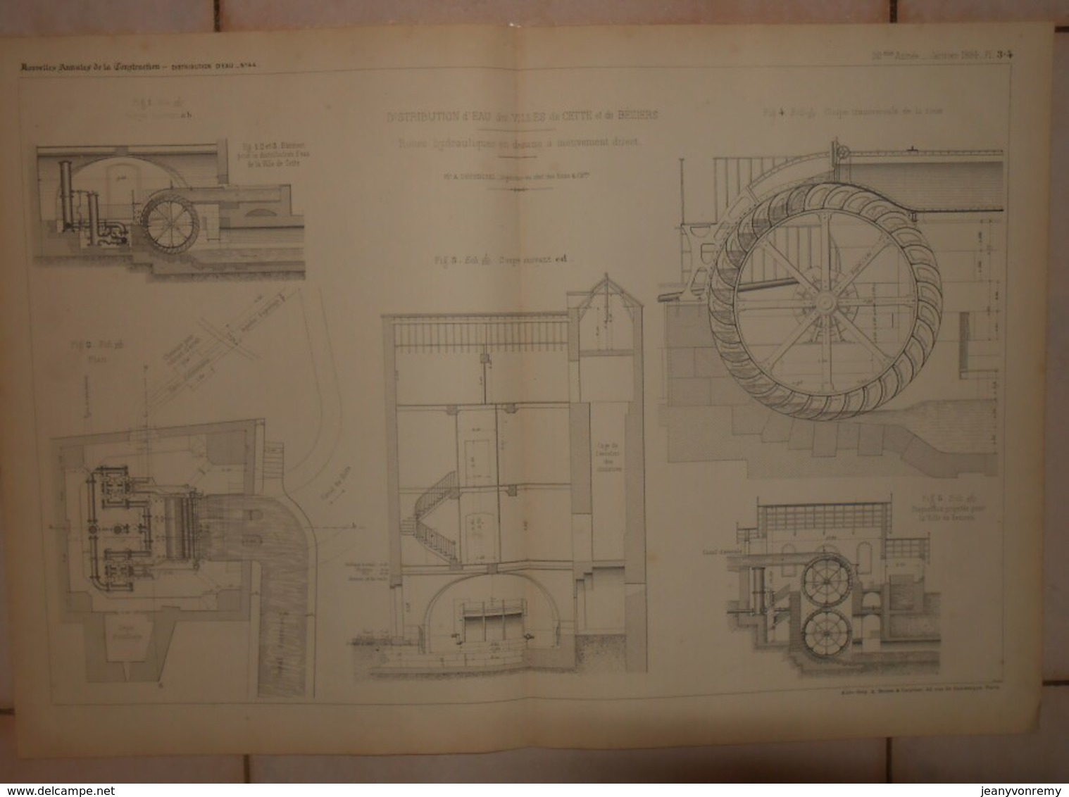 Plan De Distribution D'eau Des Villes De Sète Et De Béziers. Roues Hydrauliques En Dessus à Mouvement Direct. 1884. - Public Works