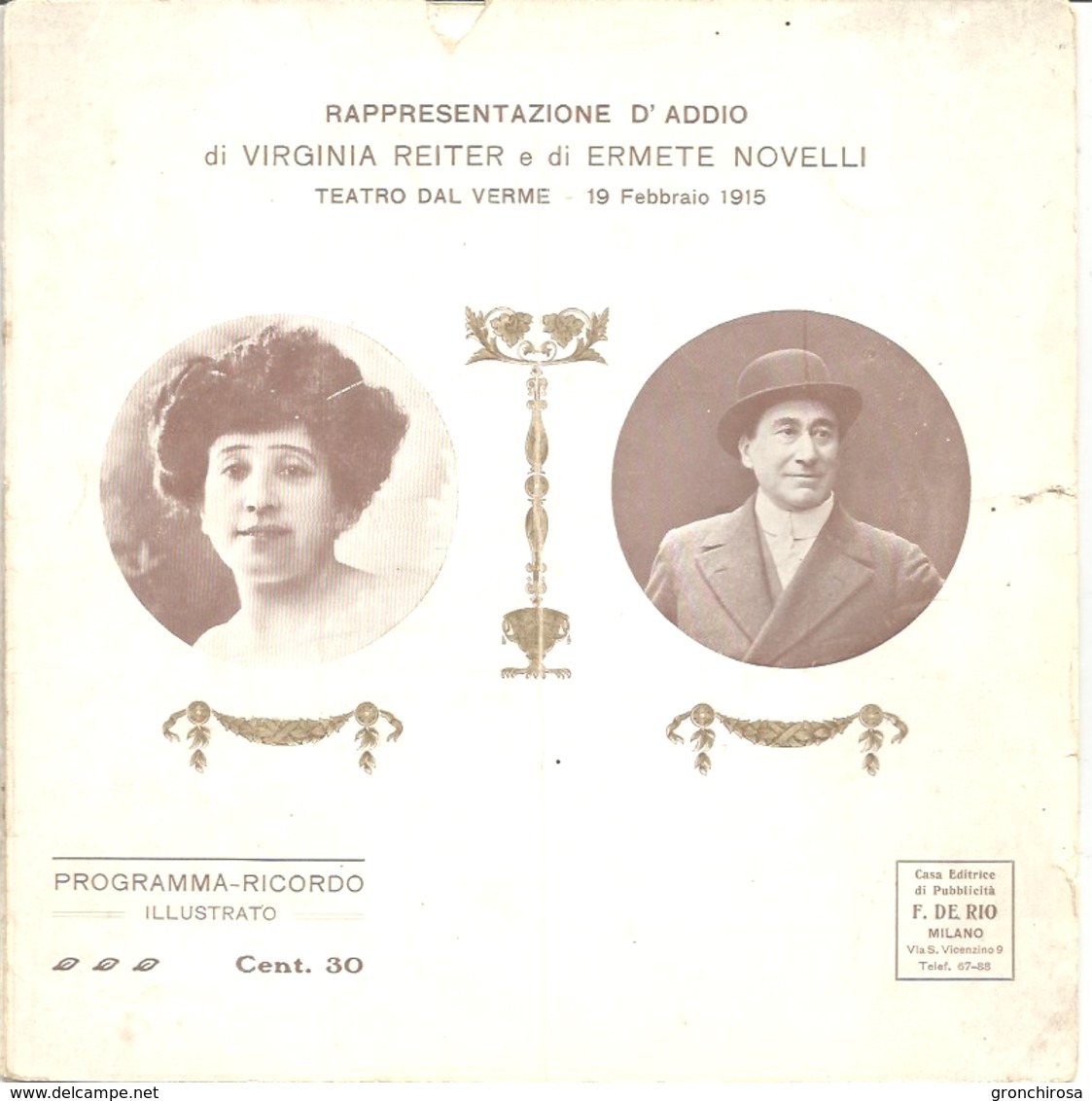 Rappresentazione D'addio Di Virginia Reiter Ed Ermete Novelli, Teatro Dal Verme Milano 15 Febbraio 1915. - Sonstige & Ohne Zuordnung