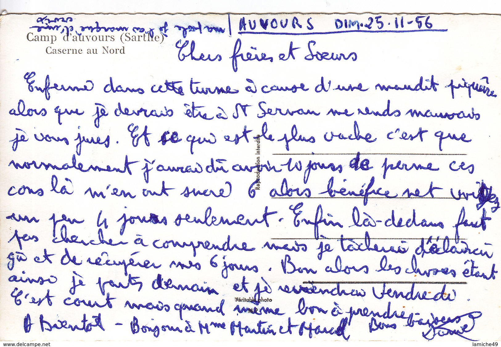 Camp D’AUVOURS (Sarthe) Caserne Au Nord Circulée 1956 - Autres & Non Classés